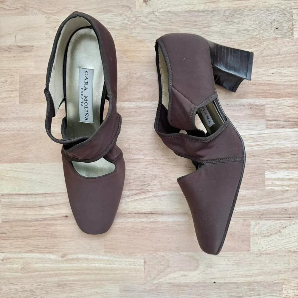 Vintage 90s‎ Chocolate Brown Heel Fabric y2k minimal designer block square toe